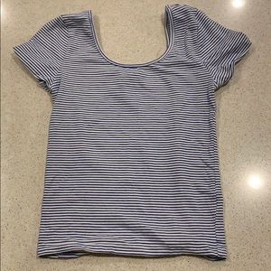 blue and white striped scoop neck tee